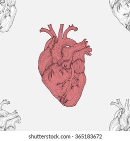 Valentines day seamless pattern with realistic human hearts. Hand drawn vector illustration.