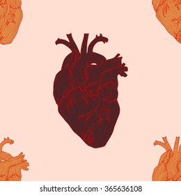 Valentines day seamless pattern with realistic human hearts. Hand drawn vector illustration.