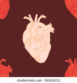 Valentines day seamless pattern with realistic human hearts. Hand drawn vector illustration.