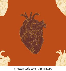 Valentines day seamless pattern with realistic human hearts. Hand drawn vector illustration.