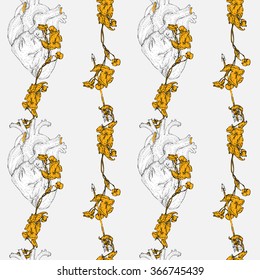 Valentines day seamless pattern with realistic human hearts, arrows, flowers. Valentines day design, floral card. Hand drawn vector illustration.