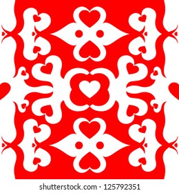 Valentines Day seamless pattern red and white background,  symmetrical with heart shapes. Vector illustration