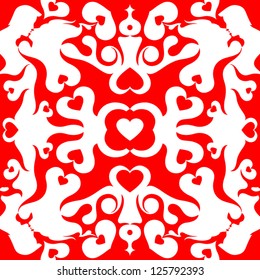 Valentines Day seamless pattern red and white background,  symmetrical with heart shapes and kissing couples. Vector illustration