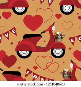 Valentine's day seamless pattern of red scooter with LOVE text flags and many hearts on brown background. Vector illustration.