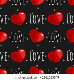Valentine's Day seamless pattern of red hearts with tiny star and Love text in white color on black background. Vector illustration.