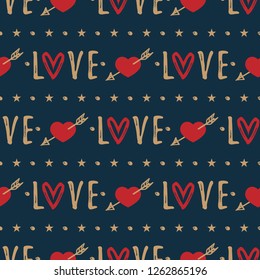 Valentine's day seamless pattern of red heart with arrow, LOVE text and tiny stars on dark blue background. Design for Valentines day concept. Vector illustration.