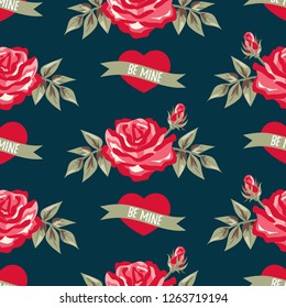 Valentine's day seamless pattern of red rose with leaves and heart with BE MINE text in green ribbons on dark color background. Design for Valentines day concept. Vector illustration.