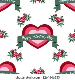 Valentine's day seamless pattern of red heart with Happy Valentine's Day text in green ribbons and red rose branches with leaves on white background. Concept of love and Valentines day.