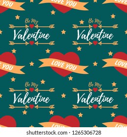 Valentine's day seamless pattern of red hearts with yellow ribbon with love you text, Be My Valentine text with arrows, red hearts and tiny stars on green background. Vector illustration.