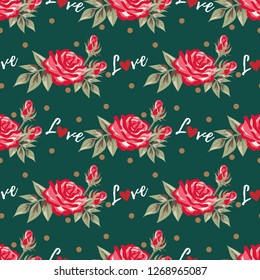 Valentine's day seamless pattern of red rose flowers branches and Love text with red heart on green background with tiny gold dots. Design for love and Valentines day concept. Vector illustration.