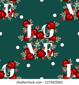 Valentine's day seamless pattern of red rose flowers branches with leaves around Love text and many white dots on dark green color background. Concept for love and Valentines greeting. 