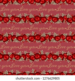 Valentine's day seamless pattern of red rose branches with green leaves and Love you text with tiny hearts on red color background. Concept of love and Valentines day. Vector illustration.