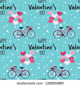 Valentine's day seamless pattern of red bicycle with wicker basket full of spring flowers hang with many heart shape balloons and Happy Valentine's Day text on light blue background. Concept of love.