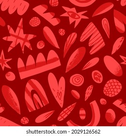 Valentine's Day seamless pattern in red shades. Abstract shapes, elements like circles, cloud, stars, hearts with texture. Vector hand-drawn illustration for textile, wallpapers, wrapping paper print.