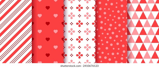 Valentine's day seamless pattern. Red backgrounds. Love textures with heart, dots, stripes and spirals. Cute romantic prints. Set retro wrapping papers. Holiday romance backdrops. Vector illustration