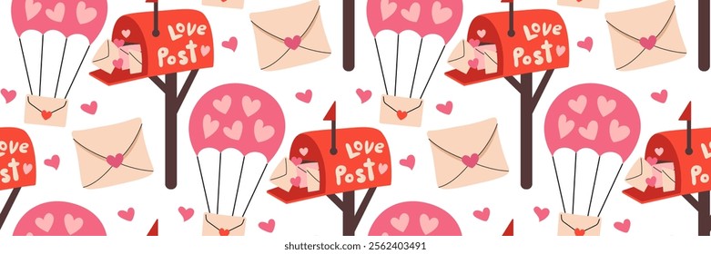 Valentine's day seamless pattern. Red mailbox with love letters and hearts. Love mail by parachute, confession of love. February 14 celebration. Romantic pink Background. Vector flat illustration.