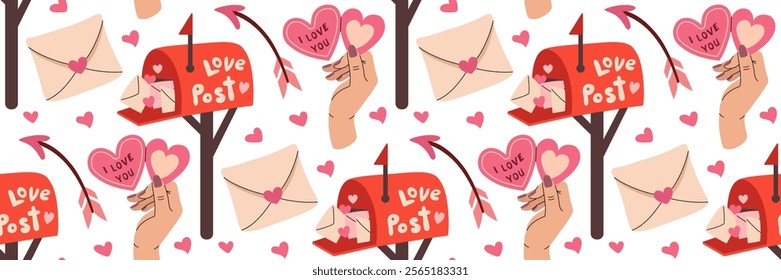 Valentine's day seamless pattern. Red mailbox with love letters and hearts. Hand holds valentine heart with love message. February 14 celebration. Romantic pink Background. Vector flat illustration.