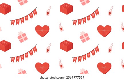 Valentine's day seamless pattern. Red heart, gifts boxes and decors. Romantic and Love background. Flat Vector illustration