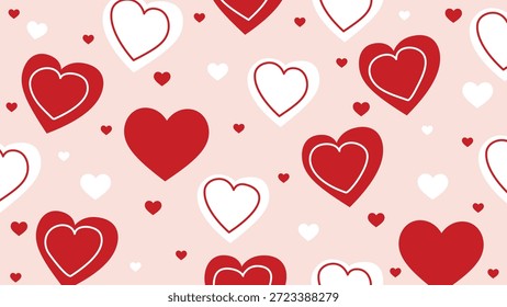 Patrón sin fisuras del día de San Valentín con los corazones rojos en fondo rosado, textura repetible romántica estética.
