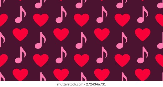 Valentinstag nahtloses Muster mit roten Herzen und Noten. Romantischer Melodiehintergrund mit festlichem Ornament auf dunklem Bordeaux. Flache Vektorgrafik.