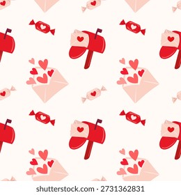 Dia dos Namorados padrão perfeito com caixa de correio vermelha, envelopes com corações e doces doces doces. Fundo de carta de amor romântico para papel de embrulho, têxtil e design de cartão de saudação. Vetor plano bonito.