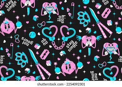 Valentine's Day seamless pattern with retro groovy elements. Trendy 90s, y2k neon design. Creepy funny characters and broken love symbols. Vector background