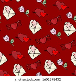 Valentine's Day seamless pattern. Romantic background with hearts, rose and love letters. Flat style. background for Festive cards, paper wrapper,for fabric, wrapping, wallpaper, textile, apparel 