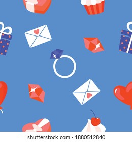 Valentine's day seamless pattern with romantic elements: ring, heart ball, gift, cupcake, diamond. Vector, blue background.