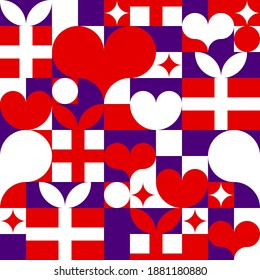 Patrón sin fisuras del día de San Valentín. Fondo romántico para el 14 de febrero en estilo geométrico abstracto.Corazones, estrellas y cajas de regalo. 