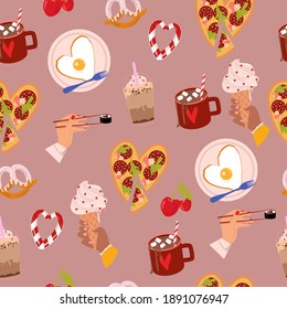 Valentines Day seamless pattern with romantic illustration and elements in scandinavian style. Perfect for wrapping paper, textile and scrapbooking. Editable vector illustration.