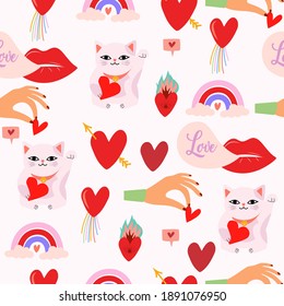 Valentines Day seamless pattern with romantic illustration and elements in scandinavian style. Perfect for wrapping paper, textile and scrapbooking. Editable vector illustration.