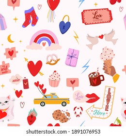 Valentines Day seamless pattern with romantic illustration and elements in scandinavian style. Perfect for  wrapping paper, textile and scrapbooking. Editable vector illustration.