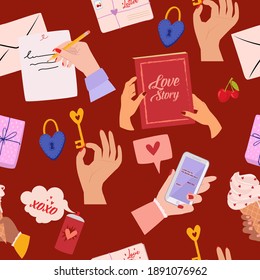 Valentines Day seamless pattern with romantic illustration and elements in scandinavian style. Perfect for wrapping paper, textile and scrapbooking. Editable vector illustration.