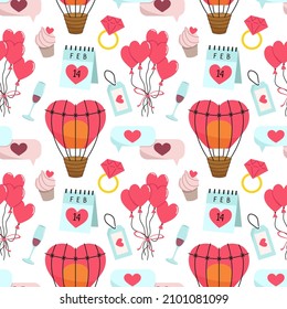 Valentine's day seamless pattern. Romantic background. Cute cartoon vector doodle illustrations.