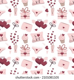 Patrón sin fisuras del día de San Valentín. Antecedentes románticos. Dibujos de dibujos animados de dibujos vectores.