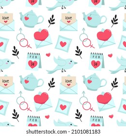 Valentine's day seamless pattern. Romantic background. Cute cartoon vector doodle illustrations.