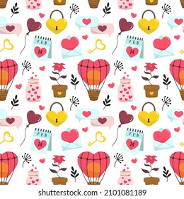 Valentine's day seamless pattern. Romantic background. Cute cartoon vector doodle illustrations.