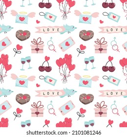 Valentine's day seamless pattern. Romantic background. Cute cartoon vector doodle illustrations.