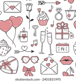 Valentines day seamless pattern. Romantic background with hearts, love and romantic date elements in doodle style