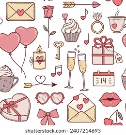 Valentines day seamless pattern. Romantic background with hearts, love and romantic date elements