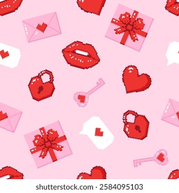 Valentines day seamless pattern with romantic elements on a pink background. Hand drawn vector illustration in pixel style for wrapping paper, textile, fabric.