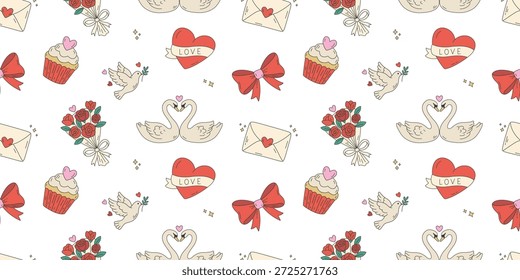 Dia dos Namorados padrão perfeito com cisnes românticos, corações, rosas e cartas de amor