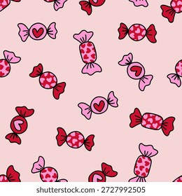 Valentinstag nahtloses Muster mit romantischen Pralinen, Herzen und Süßigkeiten in rosa und roten Farben