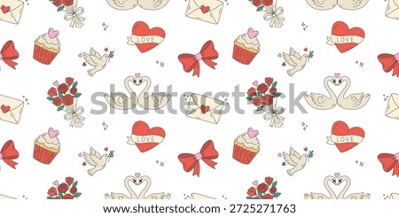 Valentines Day seamless pattern with romantic swans, hearts, roses, and love letters