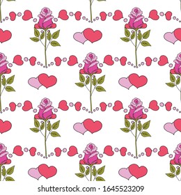 El día de San Valentín combina rosas y corazones sin fisuras. romántico patrón sin fisuras con corazones rojos en un fondo de color por día de boda o día de San Valentín