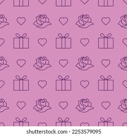 Valentine's Day seamless pattern with roses, heart and gift box. Hand drawn modern endless cute background. Vector illsutration.
