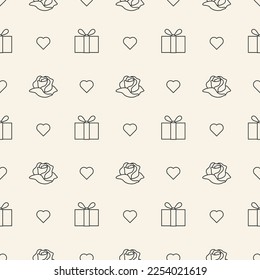 Valentine's Day seamless pattern with roses, heart and gift box. Hand drawn modern endless cute background. Vector illsutration.