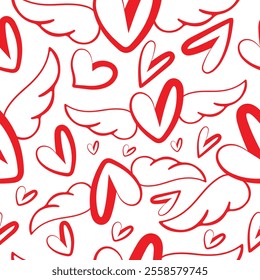 valentines day seamless pattern with round red heart icons with wings in the background line art and various hearts