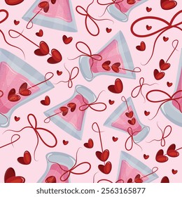 valentines day seamless pattern with round cocktails glasses, pink champagne, heart shaped berries and bows on pink background