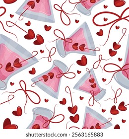 valentines day seamless pattern with round cocktails glasses, pink champagne, heart shaped berries and bows